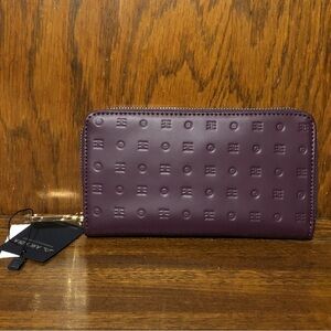 NWT-Arcadia-Zip Around Wallet-Embossed Logo-Leather-Italian-Purple-Matte Finish